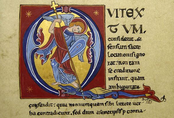 Lettrine Q - Saint Michel terrassant le dragon